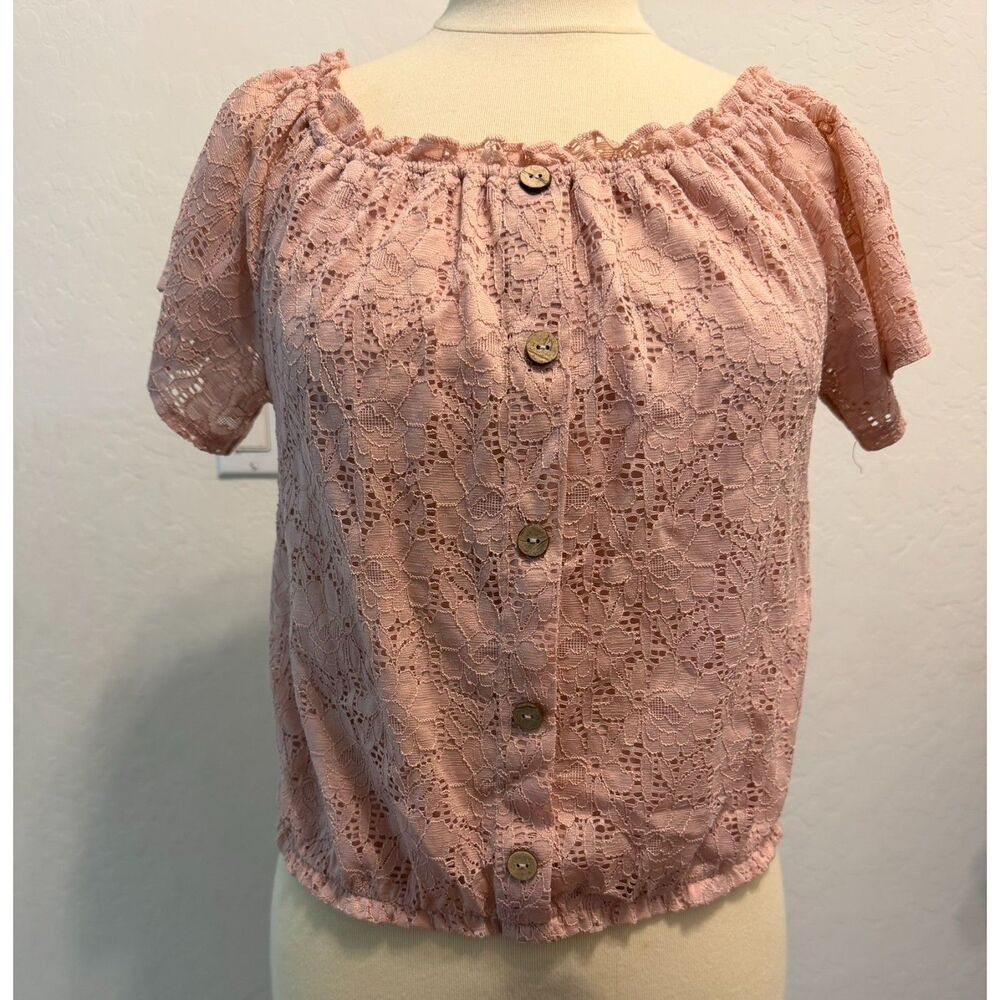 NoBo Eyelet Lace Peasant Top, Juniors M (7–9) , Blush Pink Off-Shoulder Blouse